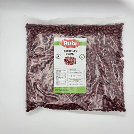 Packaged red kidney beans with Rubi label on a white background