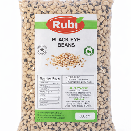 Black eyed beans (Rubi) in various weights, packaged by The Fusion Mart UK, showcasing the beans' appearance in a clear container.
