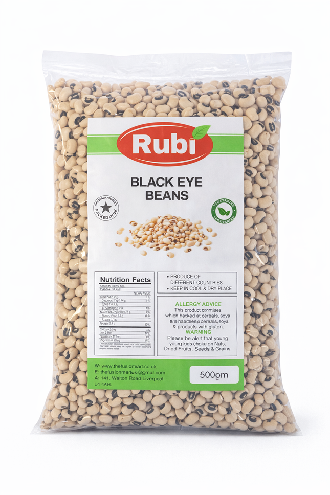 Black eyed beans (Rubi) in various weights, packaged by The Fusion Mart UK, showcasing the beans' appearance in a clear container.