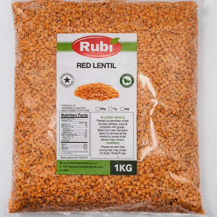 Red split lentils from The Fusion Mart UK, 2kg package, showing vibrant orange-red lentils ready for cooking.