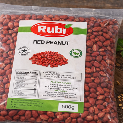 Red Peanuts Rubi by The Fusion Mart UK in 500g, 1kg, 2kg, or 5kg packages, shown in a clear image of the product packaging.