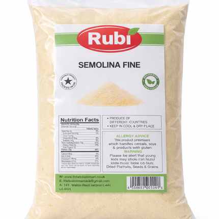 Fine Rubi Semolina by The Fusion Mart UK in 500g, 1kg, 2kg, and 5kg packages, shown in a clear product image.