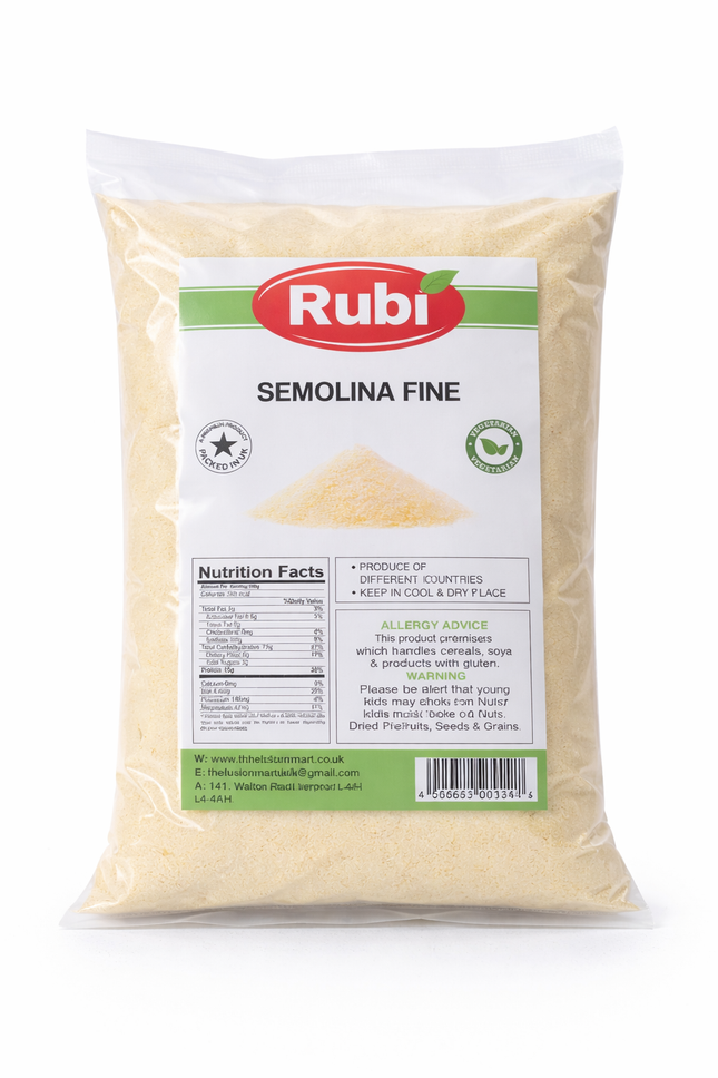 Fine Rubi Semolina by The Fusion Mart UK in 500g, 1kg, 2kg, and 5kg packages, shown in a clear product image.