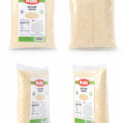 A close-up of creamy white Sesame Seeds in a clear container, showcasing the Rubi brand from The Fusion Mart UK.