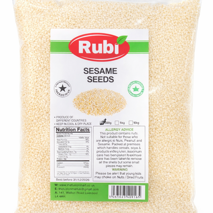 Rubi Sesame Seeds in a clear plastic bag, showing small beige seeds perfect for cooking and baking, from The Fusion Mart UK.