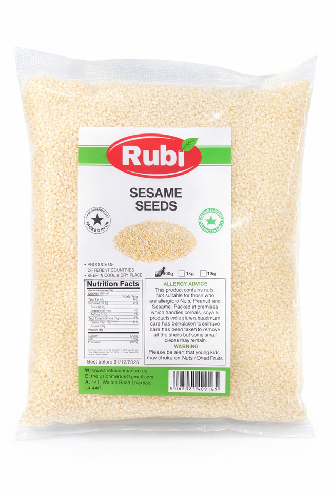 Rubi Sesame Seeds in a clear plastic bag, showing small beige seeds perfect for cooking and baking, from The Fusion Mart UK.