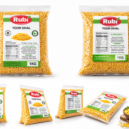 Rubi Toor Dhal bags in 500g, 1kg, 2kg, and 5kg sizes from The Fusion Mart UK, showing colorful packaging of lentil products.