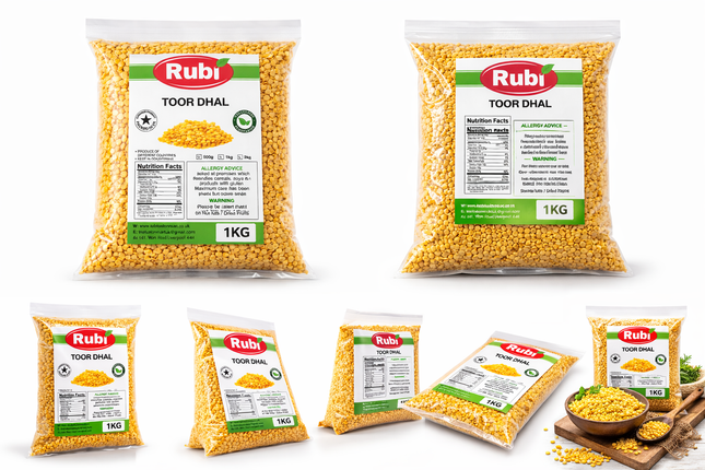 Rubi Toor Dhal bags in 500g, 1kg, 2kg, and 5kg sizes from The Fusion Mart UK, showing colorful packaging of lentil products.