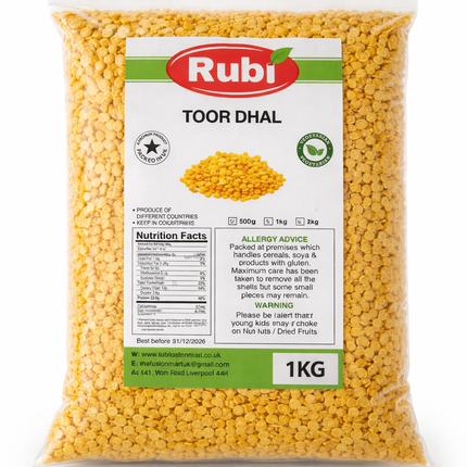 Rubi Toor Dhal from The Fusion Mart UK in 500g, 1kg, 2kg, or 5kg packages, showing colorful lentil bags on a store shelf.
