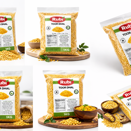 Rubi Toor Dhal in 500g, 1kg, 2kg, or 5kg packs, packaged by The Fusion Mart UK, showing dried toor dhal lentils.
