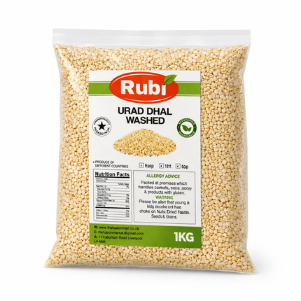 Washed Rubi Urad Dhal (Urad Dal) in 500g, 1kg, 2kg, or 5kg packs from The Fusion Mart UK, showing clean, split black gram legumes
