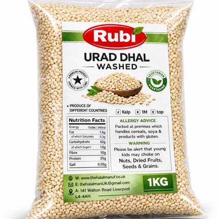 Washed Rubi Urad Dhal lentils in 500g, 1kg, 2kg, or 5kg packs from The Fusion Mart UK, shown in a clean, transparent bag.