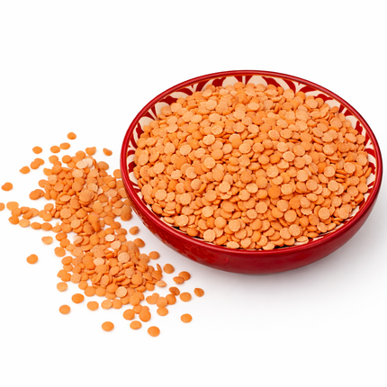 Red split lentils in a clear bowl from The Fusion Mart UK, available in 500g, 1kg, 2kg, and 5kg packages.