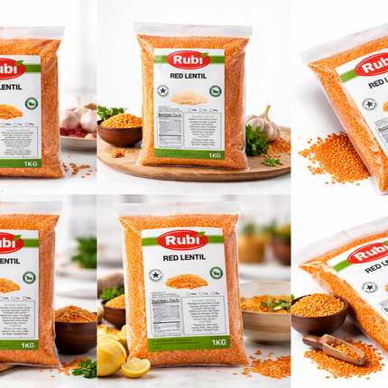 Red split lentils by The Fusion Mart UK in 500g, 1kg, 2kg, or 5kg packaging, shown in a clear image with bright red color.