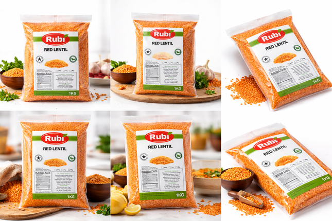 Red split lentils by The Fusion Mart UK in 500g, 1kg, 2kg, or 5kg packaging, shown in a clear image with bright red color.