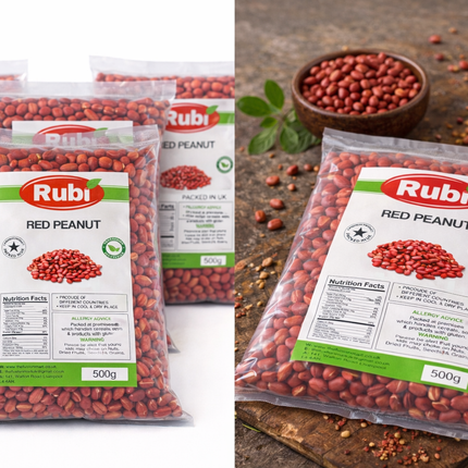 Red peanuts in a basket, showing Rubi-brand red peanuts from The Fusion Mart UK in 500g, 1kg, 2kg, and 5kg packages.