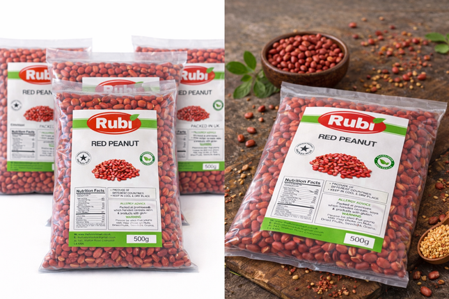 Red peanuts in a basket, showing Rubi-brand red peanuts from The Fusion Mart UK in 500g, 1kg, 2kg, and 5kg packages.