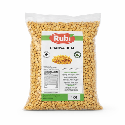 Rubi Channa Dhal from The Fusion Mart UK in 500g, 1kg, 2kg, or 5kg packages, showing dried yellow chickpeas dhal