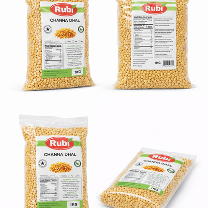 Rubi Channa Dhal from The Fusion Mart UK in 500g, 1kg, 2kg, and 5kg packs, showing dried yellow split chickpeas ready for cooking.