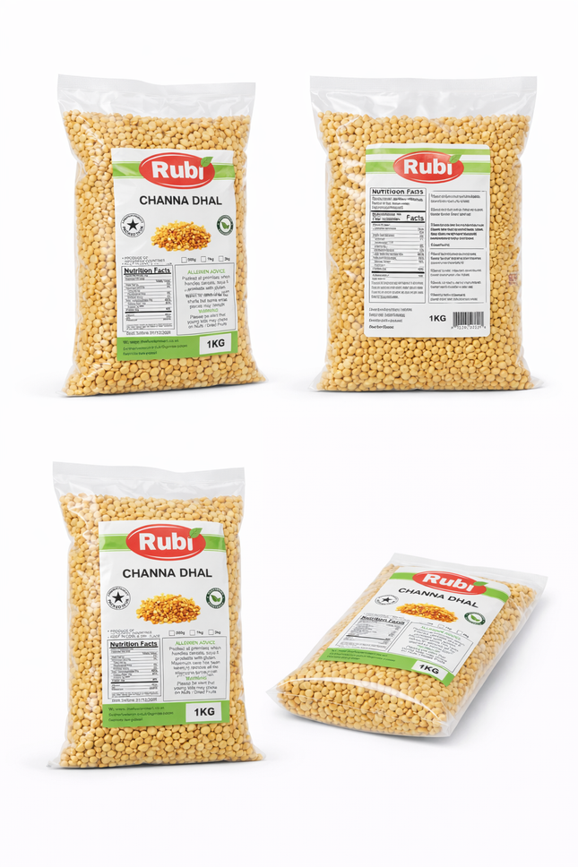 Rubi Channa Dhal from The Fusion Mart UK in 500g, 1kg, 2kg, and 5kg packs, showing dried yellow split chickpeas ready for cooking.
