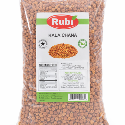 Organic Kala Channa (Rubi) in 500g, 1kg, 2kg, or 5kg packs from The Fusion Mart UK, showing dried chickpeas in a bowl.