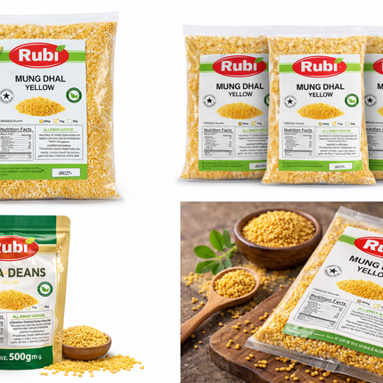 Yellow split Mung Dal Rubi from The Fusion Mart UK in 500g, 1kg, 2kg, or 5kg packages, shown in a clear image.