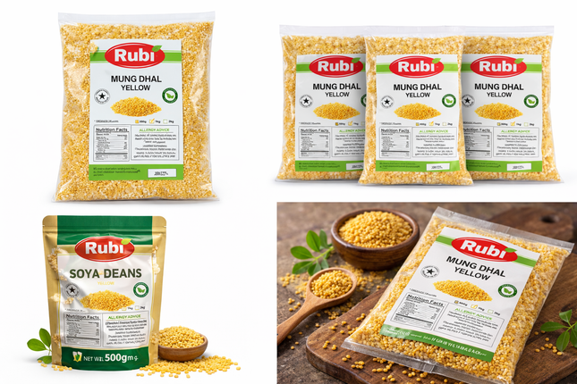 Yellow split Mung Dal Rubi from The Fusion Mart UK in 500g, 1kg, 2kg, or 5kg packages, shown in a clear image.