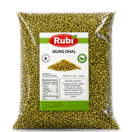 Whole Mung Dal by Rubi from The Fusion Mart UK, showing 2kg pack of fresh, green mung beans in a clear bag.