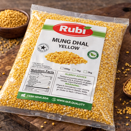 Yellow split Mung Dal Rubi brand in 500g, 1kg, 2kg, or 5kg pack, shown in a clear image, ideal for cooking and health.