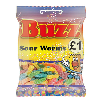 Buzz Super Worms sour worms candy from The Fusion Mart UK, colorful gummy worms with a tangy sour coating.