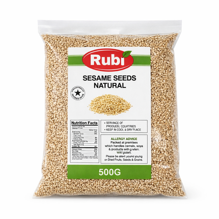 Natural sesame seeds in a clear bowl, showcasing the small, oval-shaped seeds with light beige color from The Fusion Mart UK.