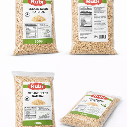 Natural sesame seeds from The Fusion Mart UK in 500g, 1kg, 2kg, or 5kg packs, showing small, cream-colored sesame seeds.