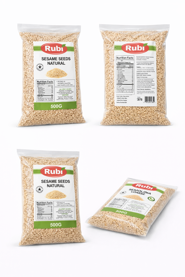 Natural sesame seeds from The Fusion Mart UK in 500g, 1kg, 2kg, or 5kg packs, showing small, cream-colored sesame seeds.