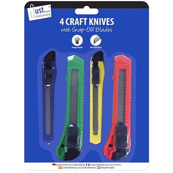 Just Stationery Snap-Off Blade Craft Knives Assorted 4 Pack - The Fusion Mart UK