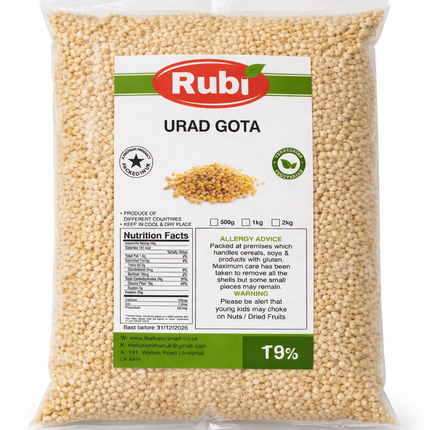 Urad Gota (Urad Dal) in a bowl, 500g, 1kg, 2kg, or 5kg pack from The Fusion Mart UK, showing white split lentils for cooking.