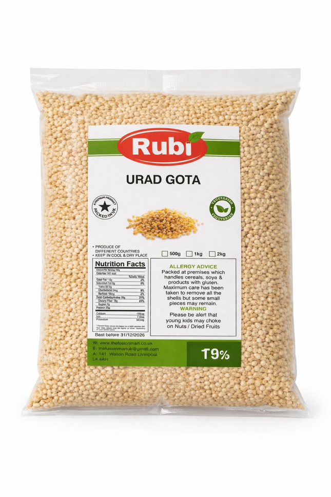 Urad Gota (Urad Dal) in a bowl, 500g, 1kg, 2kg, or 5kg pack from The Fusion Mart UK, showing white split lentils for cooking.