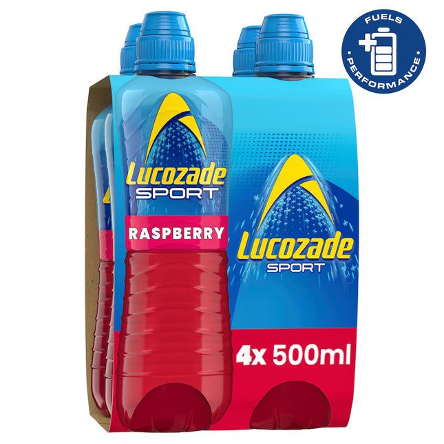 Four bottles of LUCOZADE SPORT Raspberry flavored electrolyte drink by The Fusion Mart UK, showcasing the colorful bottles with raspberry labels.