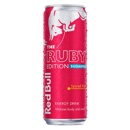 RedBull Rubi Edition energy drink can from The Fusion Mart UK with vibrant red and white design, shown close-up.