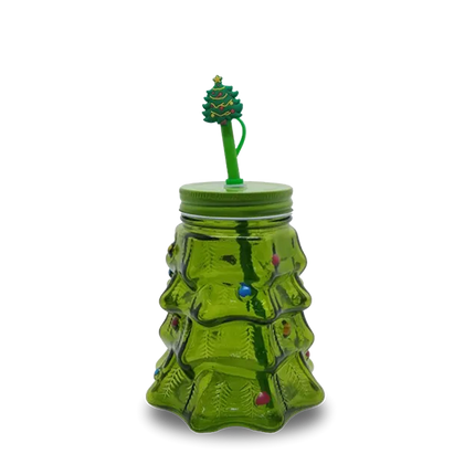 Christmas Tree Glass Cup with Straw 550ml - The Fusion Mart UK