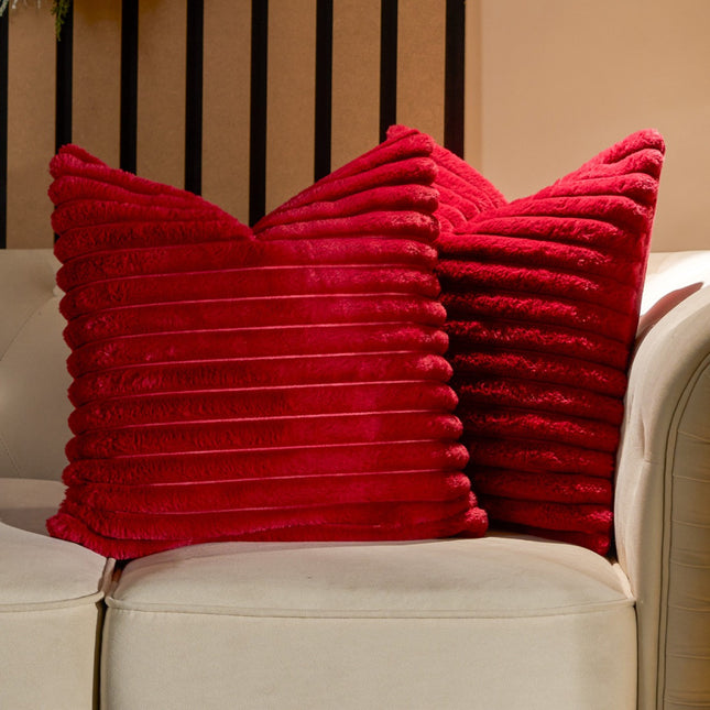 FAUX FUR THICK RIBBED CUSHION COVER RED - The Fusion Mart UK