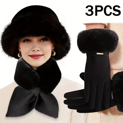 3 winter warm accessories includes a fashionable touchscreen fingerless glove, a thickened cross scarf, and a plush hat, perfect for cold weather and outdoor activities, making it an ideal gift for Christmas or Valentine's Day, Winter Hat - The Fusion Mart UK