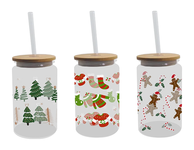 Festive Glass Drinking Cup with straw 480ml - The Fusion Mart UK