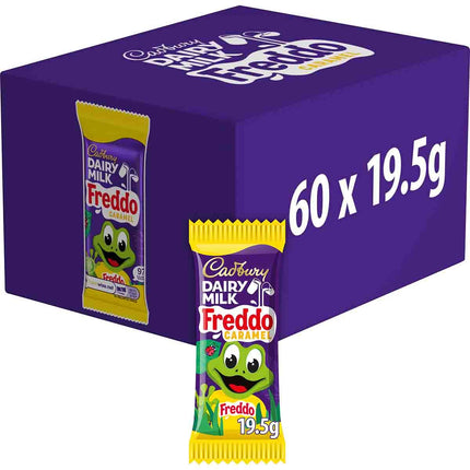 Cadbury Dairy Milk Freddo Caramel chocolate bar, 19.5g, with caramel filling, displayed in packaging on a white background.