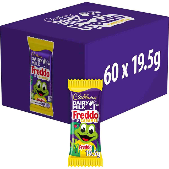 Cadbury Dairy Milk Freddo Caramel chocolate bar, 19.5g, with caramel filling, displayed in packaging on a white background.