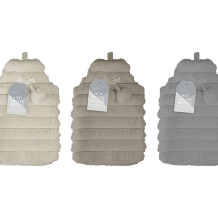 Faux Fur Ribbed Hot Water Bottle With Pom Poms 1.7L - The Fusion Mart UK