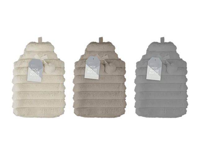 Faux Fur Ribbed Hot Water Bottle With Pom Poms 1.7L - The Fusion Mart UK