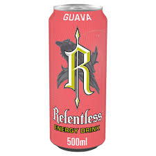 A can of Relentless Guava energy drink with vibrant pink and green design, featuring the Relentless logo and flavor imagery.