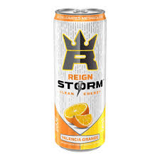 Reign Storm Valencia Orange energy drink can with bright orange design and bold branding, placed on a plain background