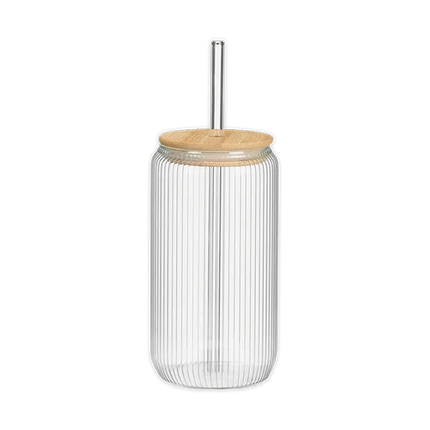 Ribbed Glass Cup With Straw & Bamboo Lid 450ml - The Fusion Mart UK