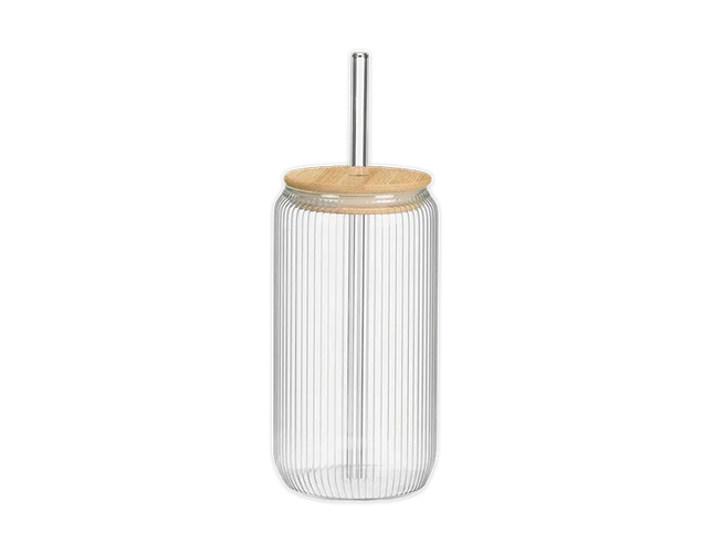 Ribbed Glass Cup With Straw & Bamboo Lid 450ml - The Fusion Mart UK